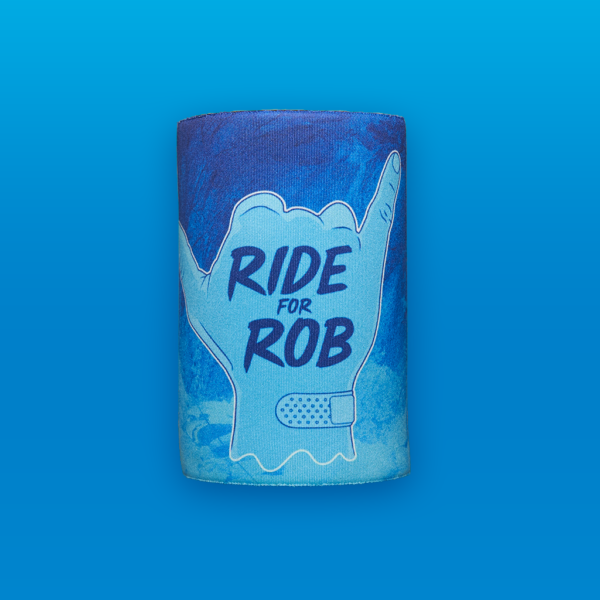 blue stubby holder with Ride for Rob hand graphic