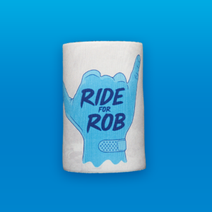 white stubby holder with blue Ride for Rob hang graphic