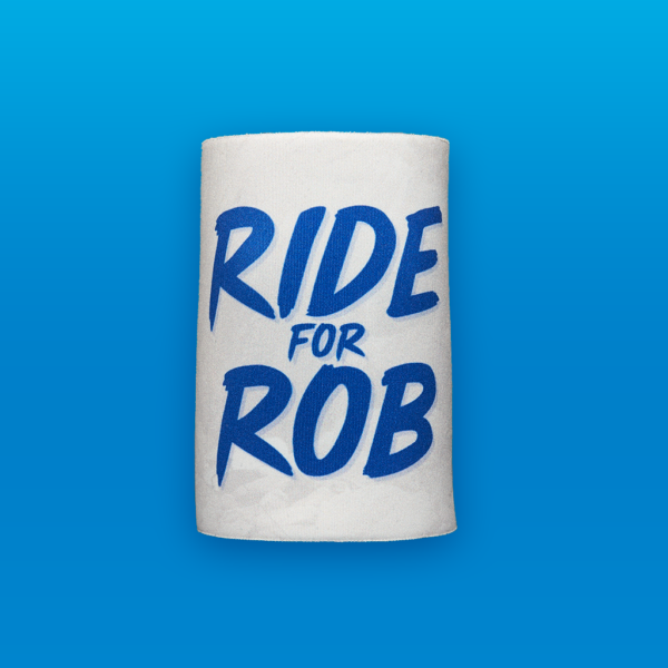 white stubby holder with Ride for Rob text logo